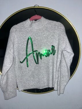 a new day Gray Knit Turtleneck Sweater with Green Sequin Script